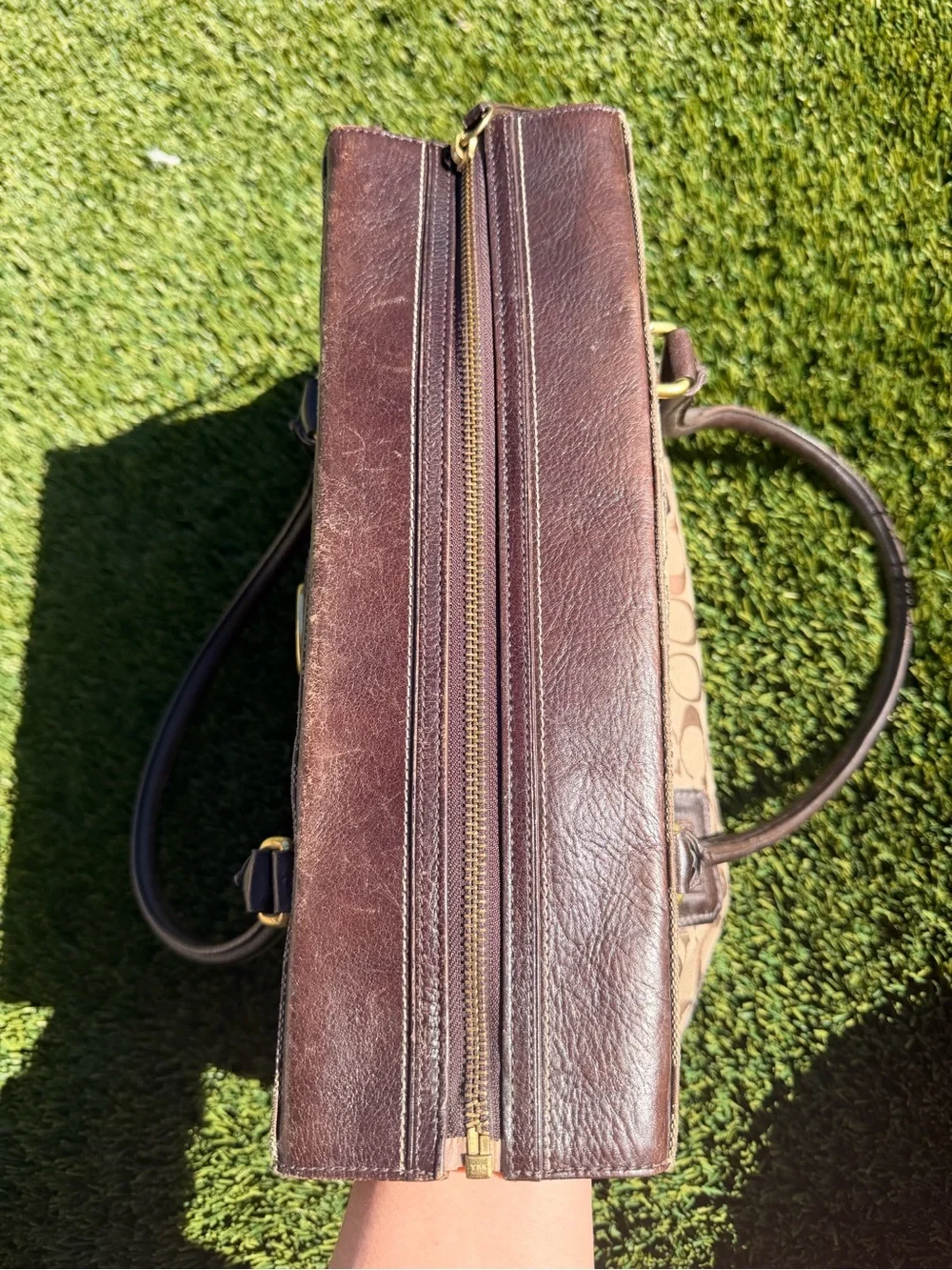 Vintage Coach Signature Canvas Shoulder Bag in Tan and Brown